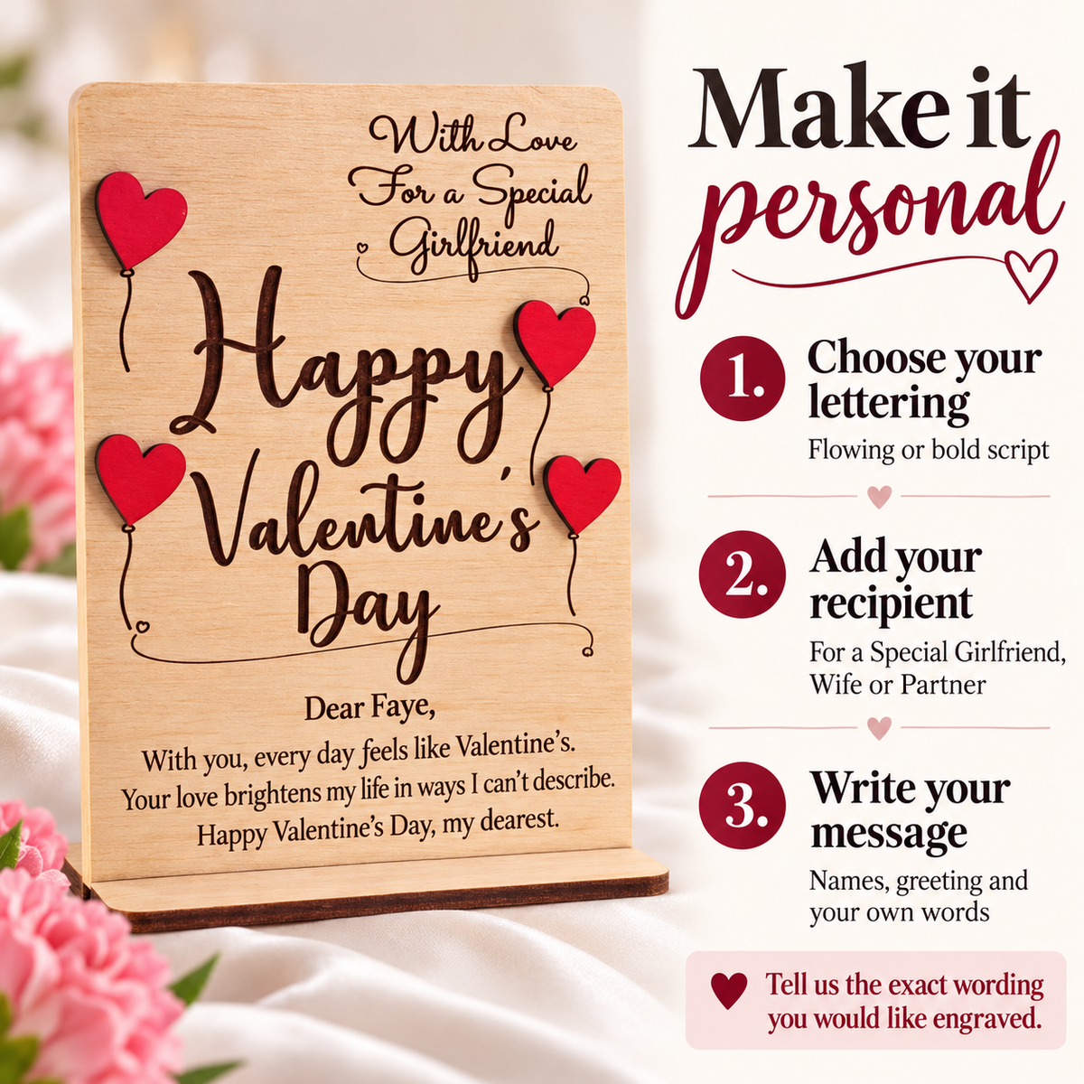 How to personalise a wooden Valentine's card with your lettering choice, recipient and engraved message