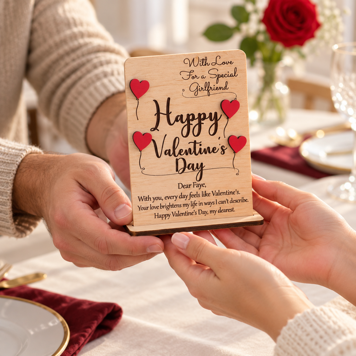 Couple exchanging a personalised wooden Valentine's card with its freestanding display base