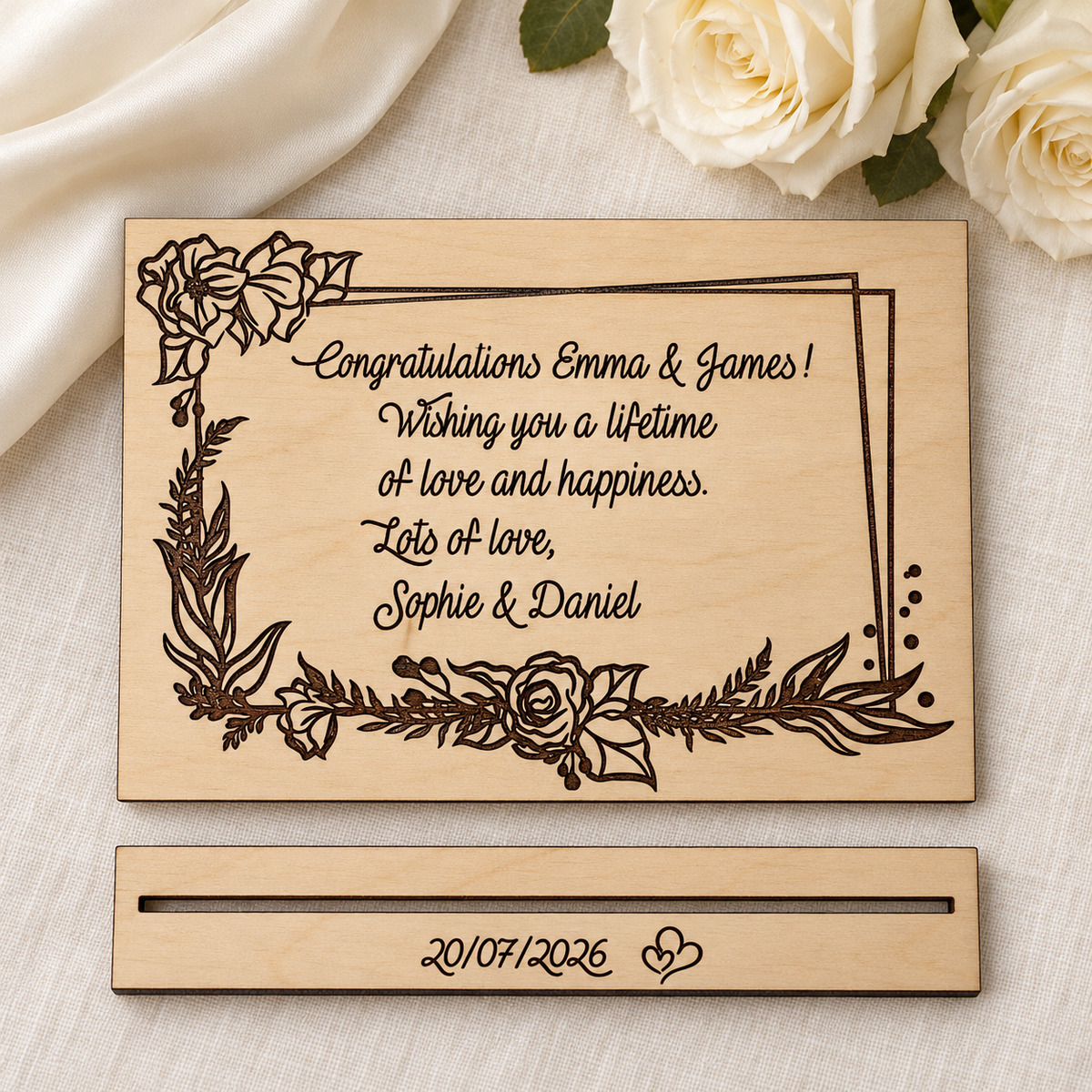Birch plywood wedding card and separate slotted stand with personalised wedding date