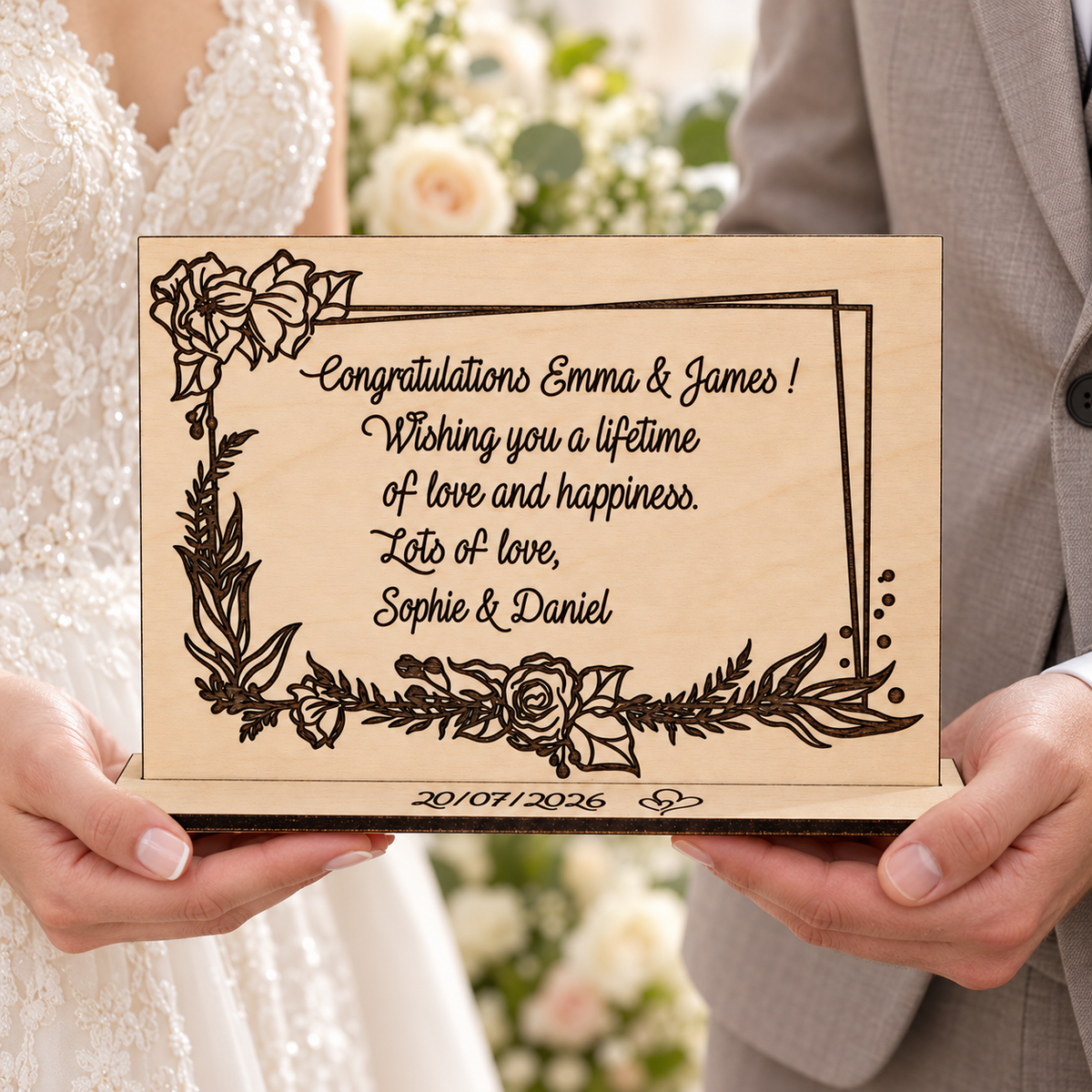 Bride and groom holding a personalised free standing wooden wedding card on its engraved base