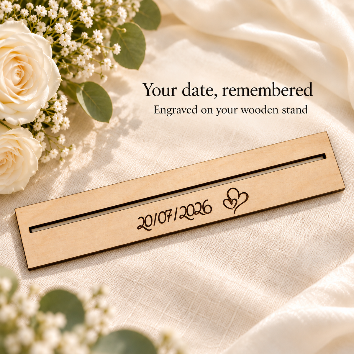 Personalised wedding date engraved on a removable thin wooden stand with overlapping hearts
