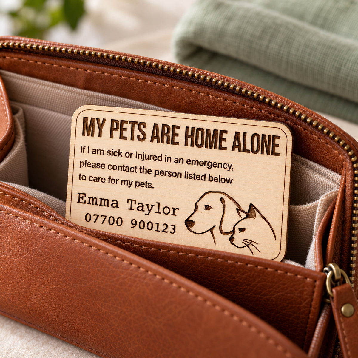Wooden pet emergency wallet card shown in a wallet compartment, with its home alone message visible.