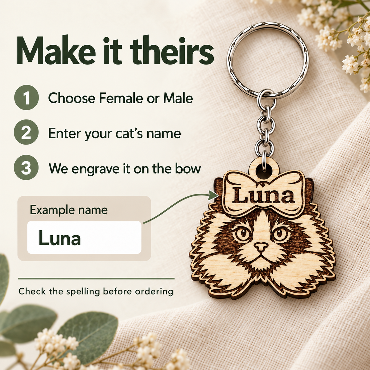 How to personalise a Ragdoll cat keyring: choose Female or Male, enter your cat's name and check the spelling before ordering