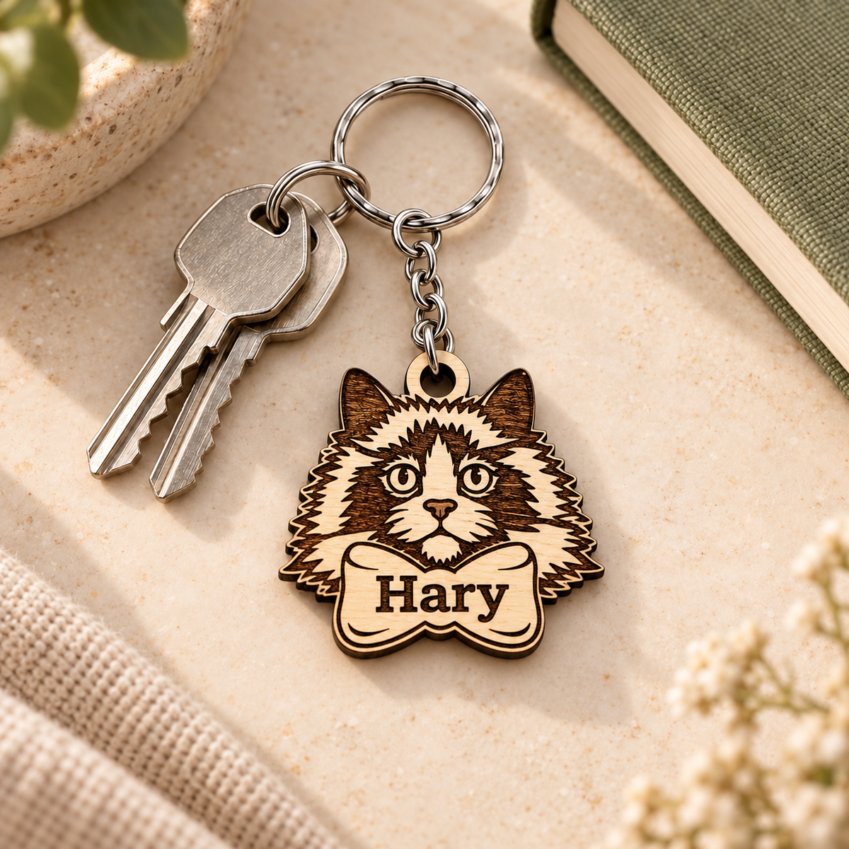 Hary personalised Ragdoll wooden keyring with a bottom bow, shown with house keys