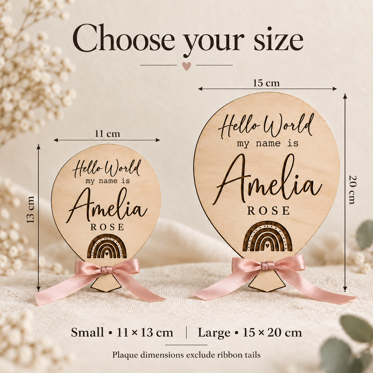Rainbow name plaque size guide comparing Small 11 by 13 cm and Large 15 by 20 cm