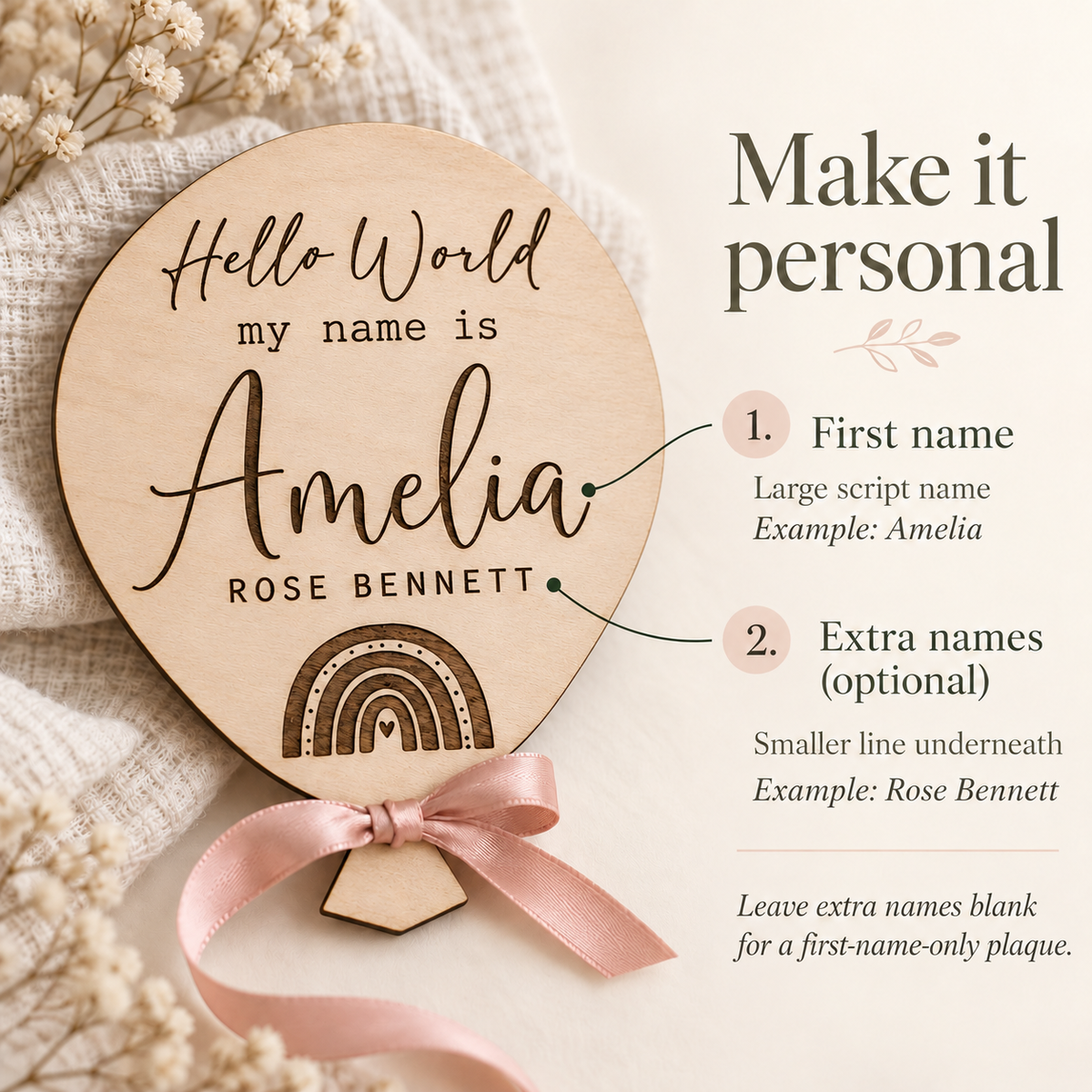 Personalisation guide showing the large first name and optional smaller middle name or surname line