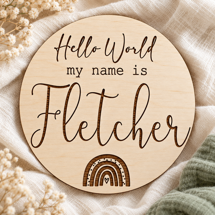 Hello World rainbow baby name plaque engraved with Fletcher on cream linen