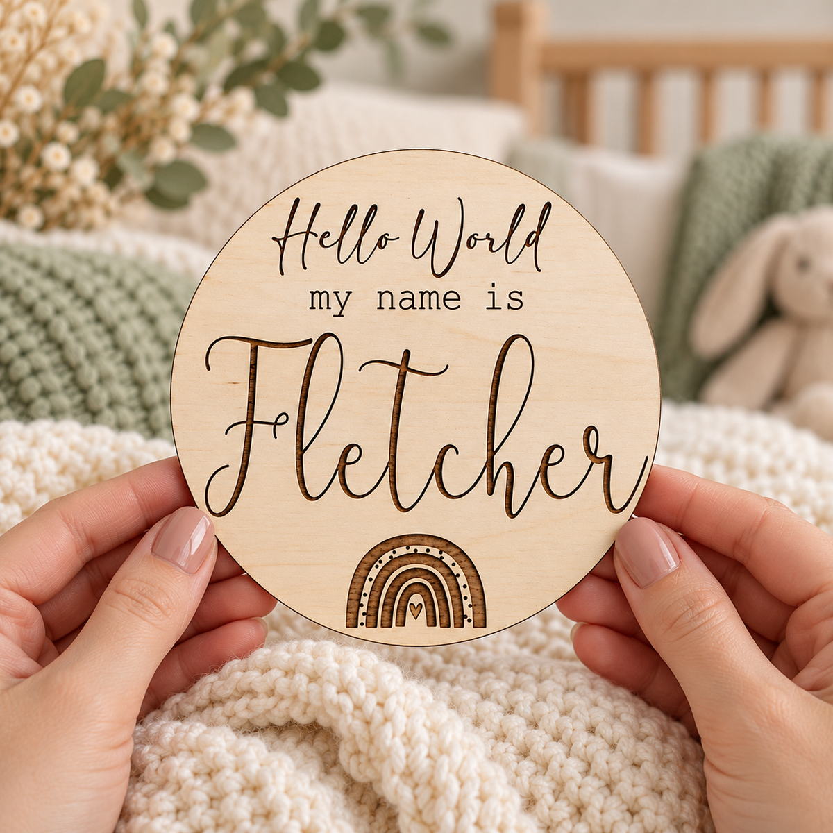 Round engraved baby name plaque held in adult hands
