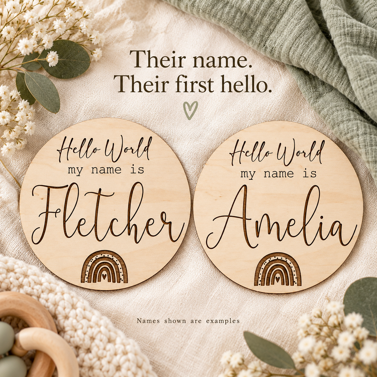 Rainbow baby plaques with Fletcher and Amelia example names