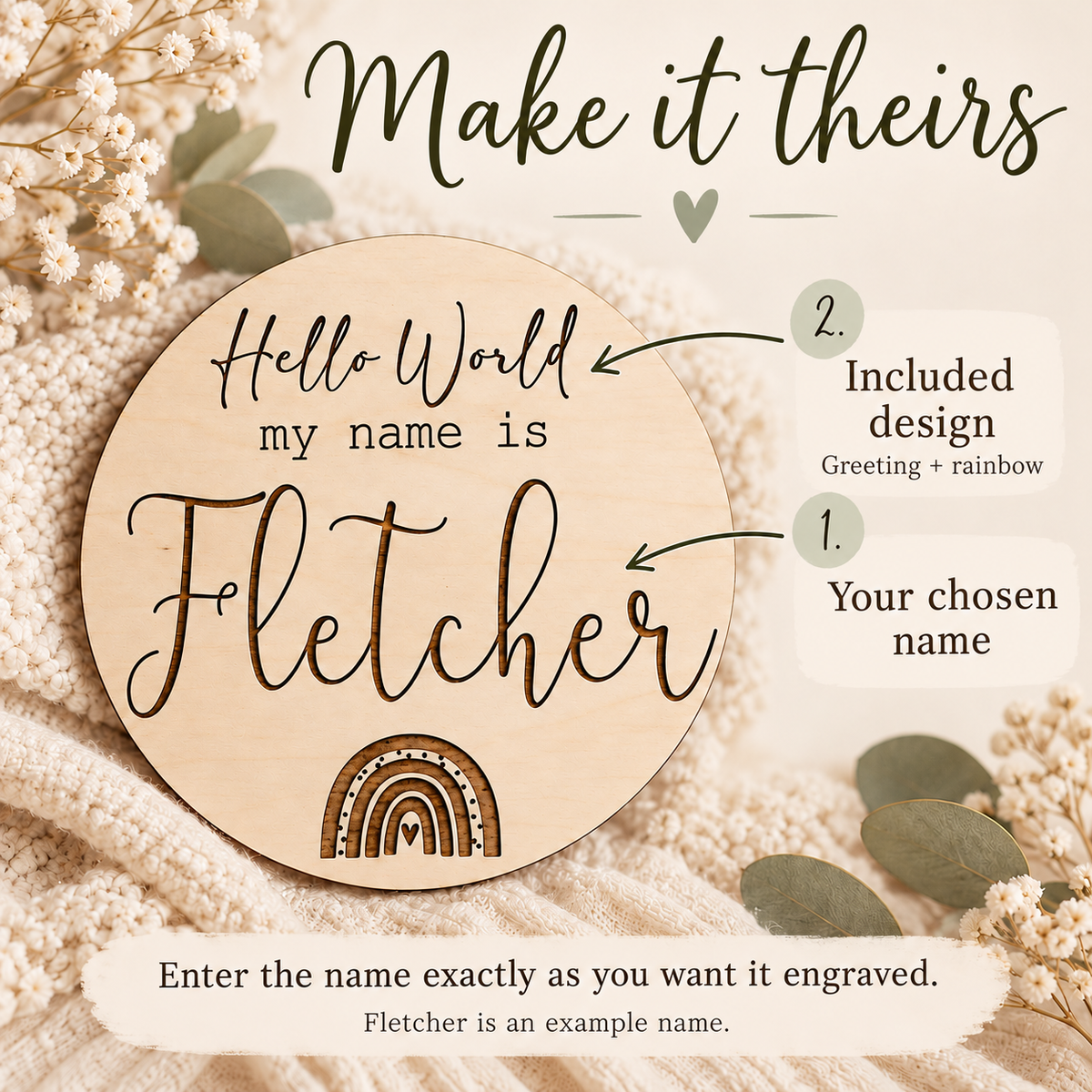 Baby name plaque personalisation guide showing the chosen name and included greeting and rainbow