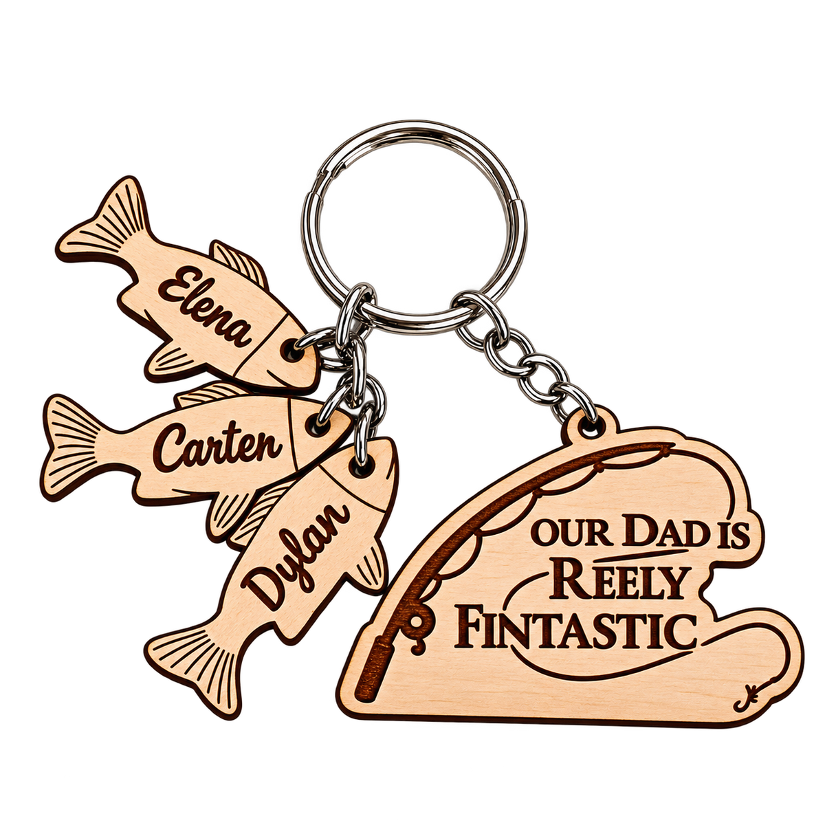 Isolated Reely Fintastic wooden keyring with three named fish charms and silver-coloured fittings on a transparent background