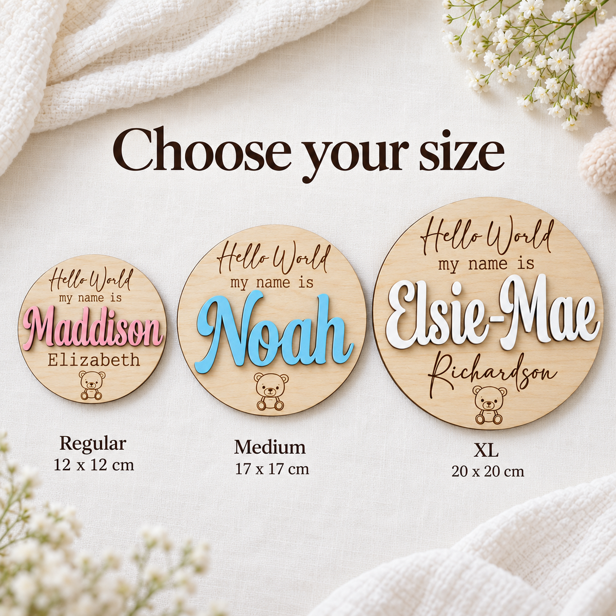 Round wooden plaque size guide: Regular 12 by 12 cm, Medium 17 by 17 cm and XL 20 by 20 cm.