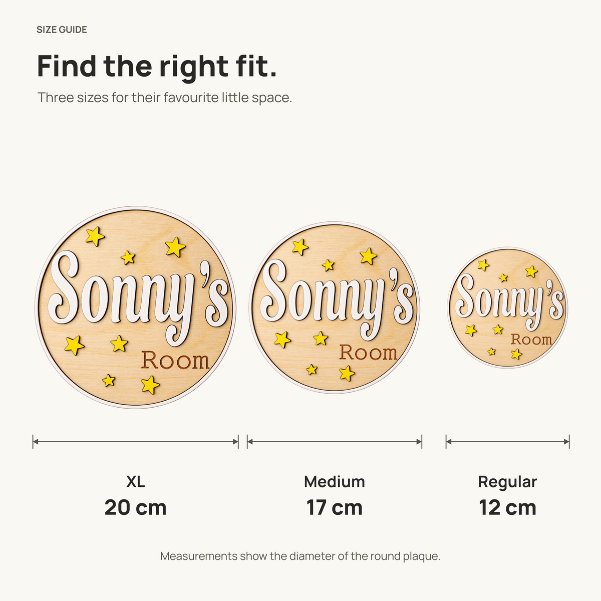 Round bedroom door plaque size guide: XL 20 cm, Medium 17 cm and Regular 12 cm diameter