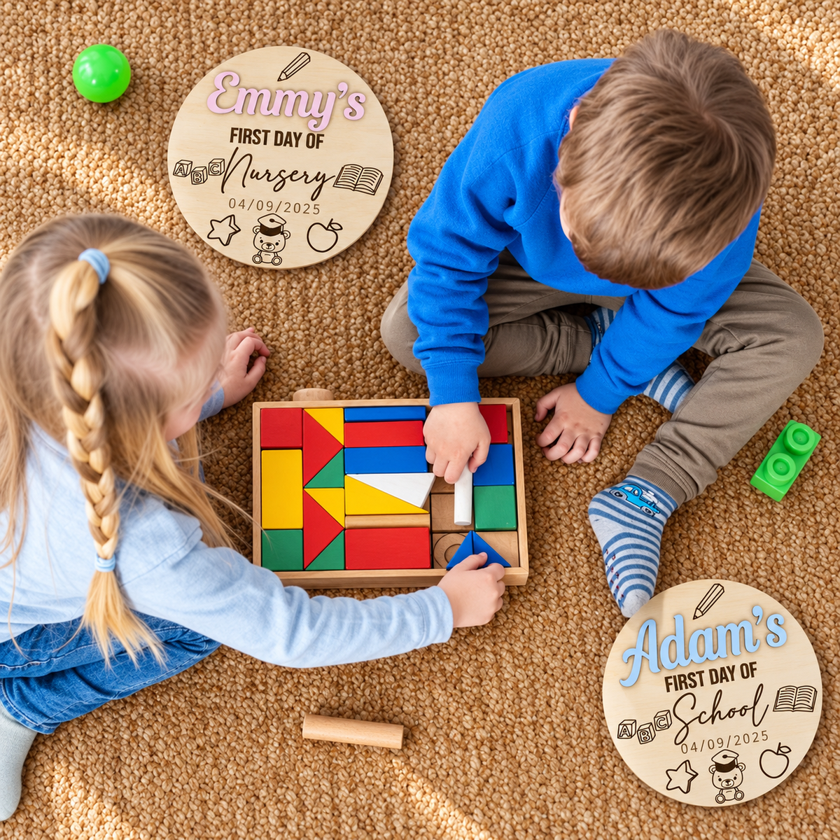Children playing beside personalised School and Nursery milestone plaques
