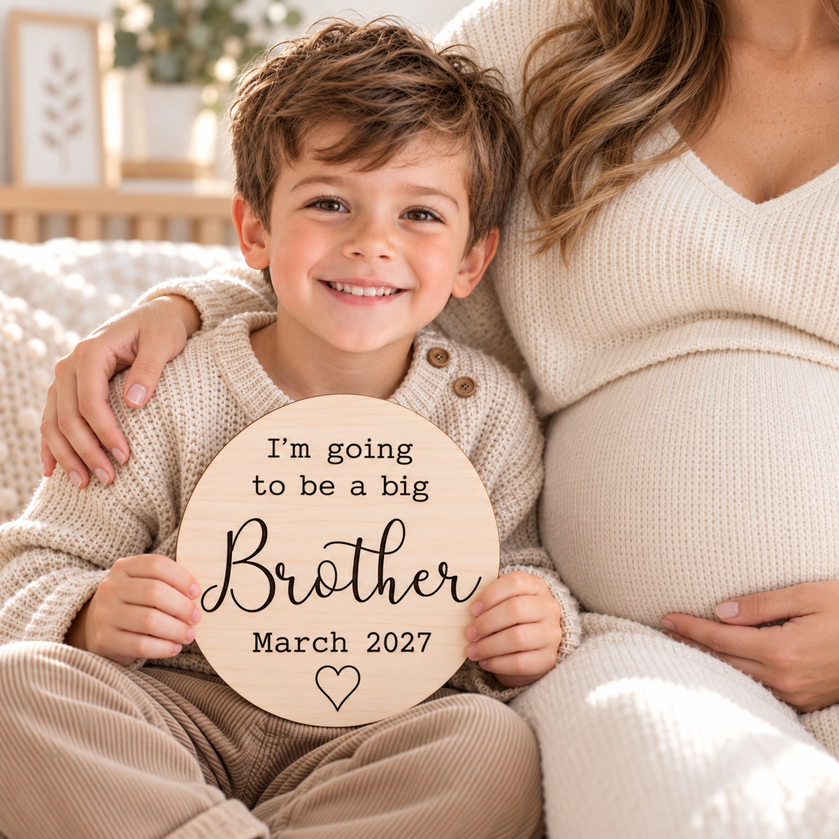Boy holding a big brother announcement sign beside his pregnant mother