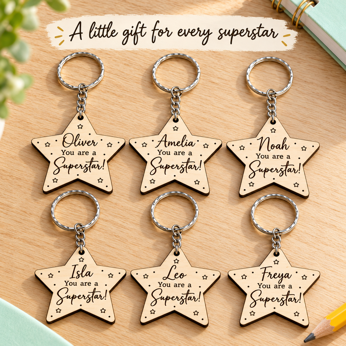 Six wooden Superstar keyrings engraved with different pupil names for end of term class gifts.