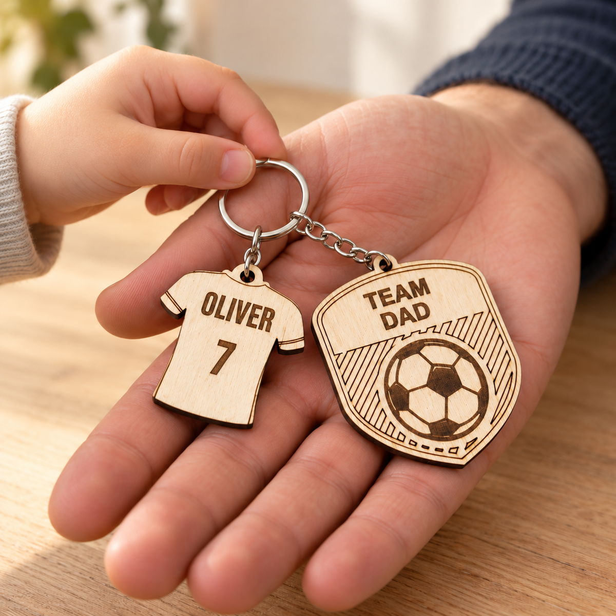 Child giving Dad a Team Dad football keyring with one Oliver 7 engraved shirt charm