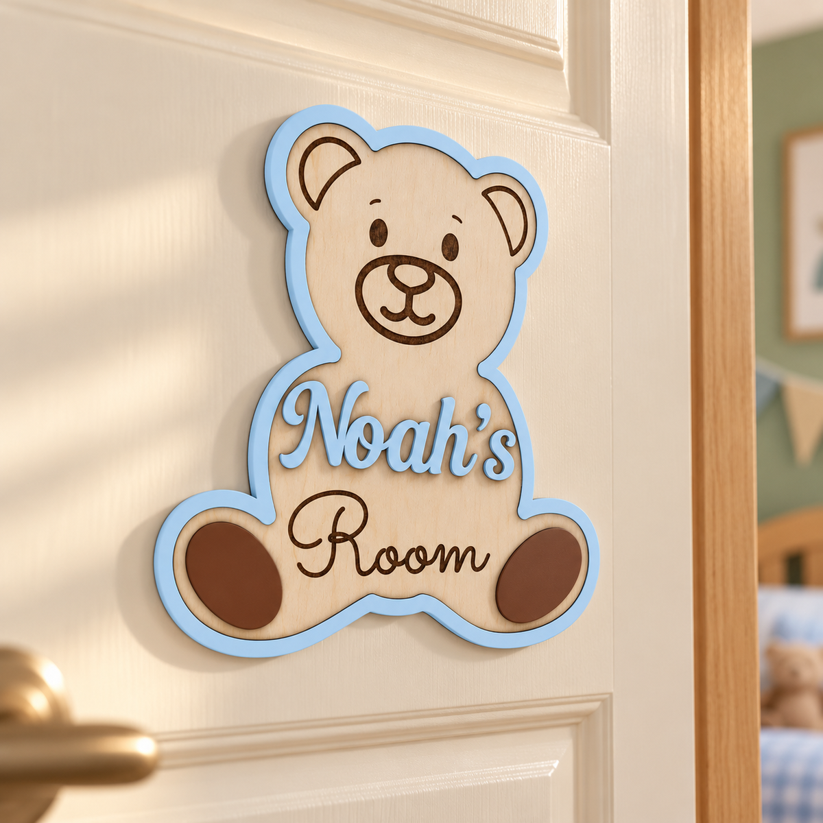 Pastel blue Closed Hands Bear personalised wooden door sign reading Noah’s Room.