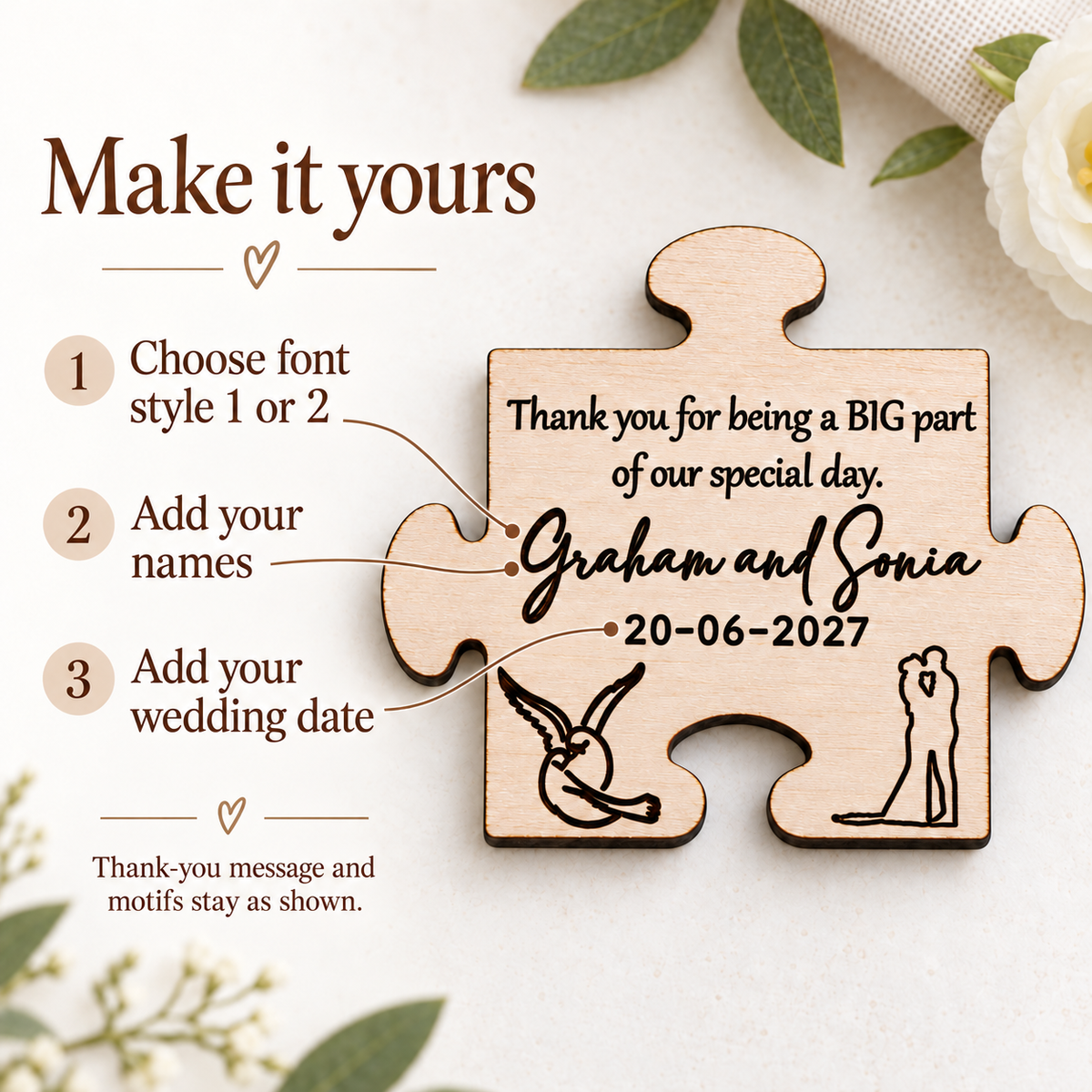 Personalisation guide showing where to add the couple's names and wedding date and choose font style 1 or 2.