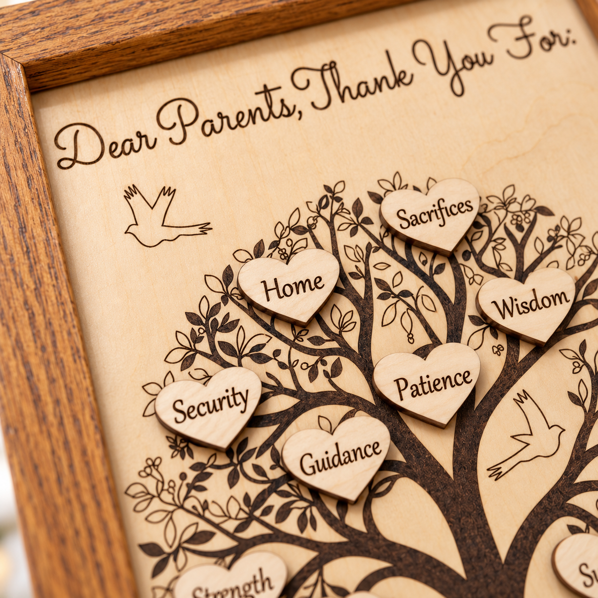 Close-up of dark laser engraving and raised wooden hearts on the personalised wedding thank you tree.