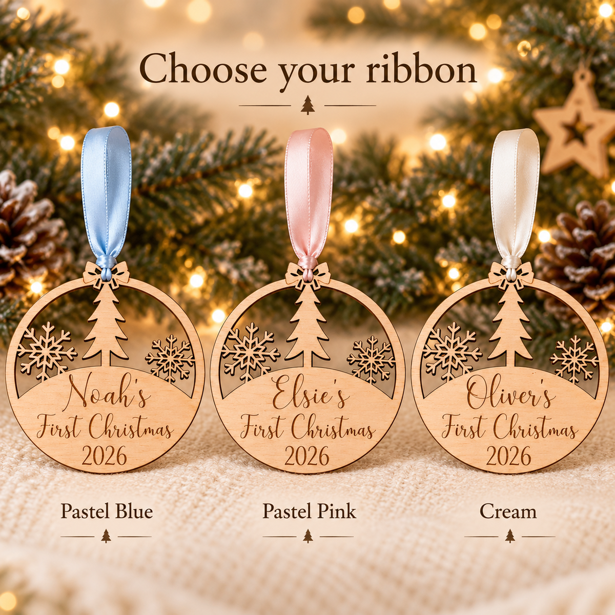 Three engraved wooden baby first Christmas ornaments showing the pastel blue, pastel pink and cream satin ribbon choices