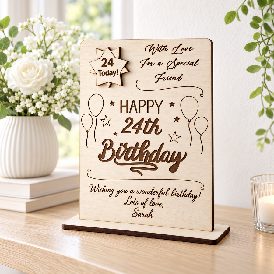 Personalised wooden birthday card with 24th birthday engraving displayed on its stand beside white flowers