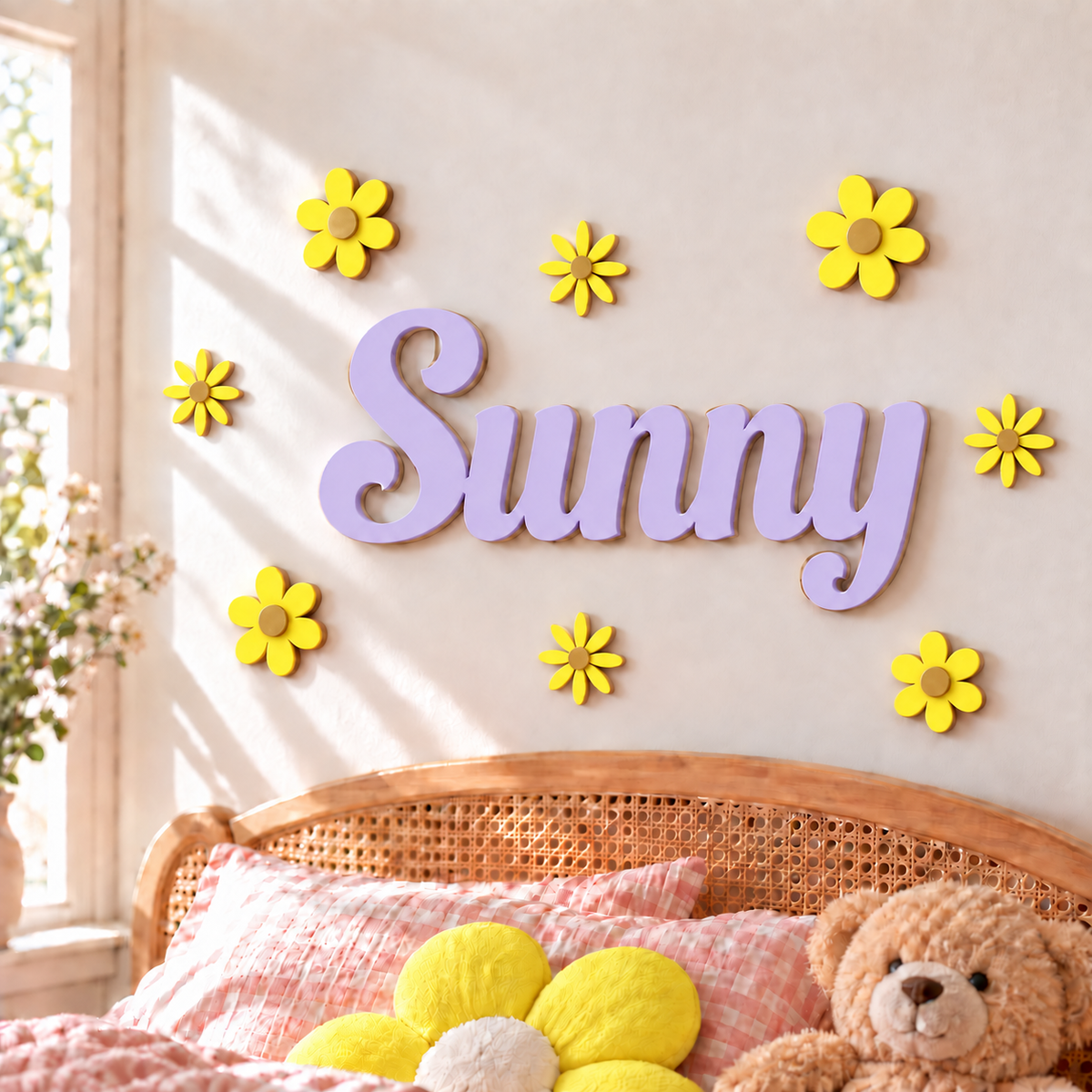Light violet Sunny wooden wall name with four yellow daisies and four broad-petalled yellow flowers, all with gold centres