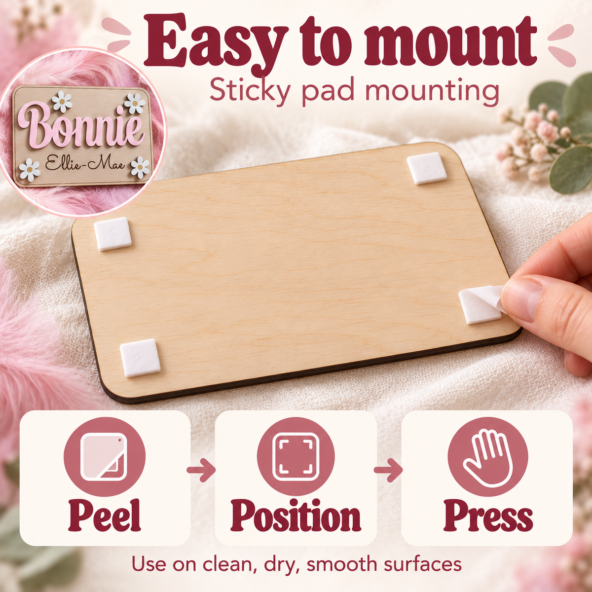 How to mount a wooden plaque with adhesive pads: peel, position and press