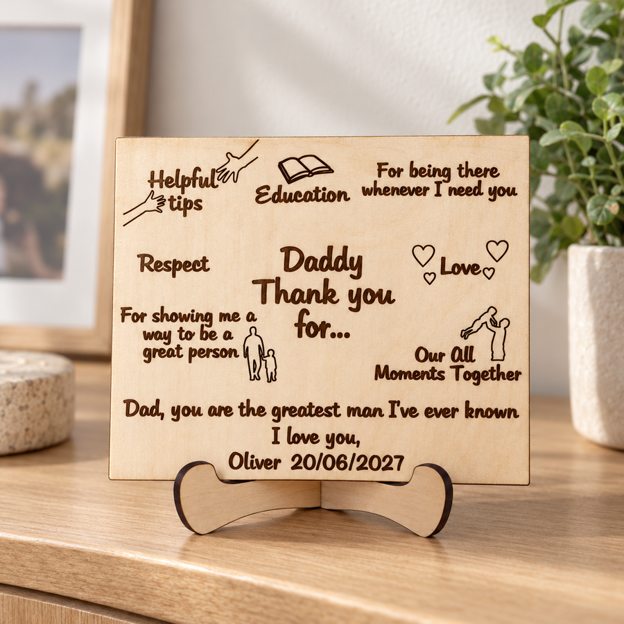 Personalised Father's Day keepsake card displayed on an oak shelf with its stand