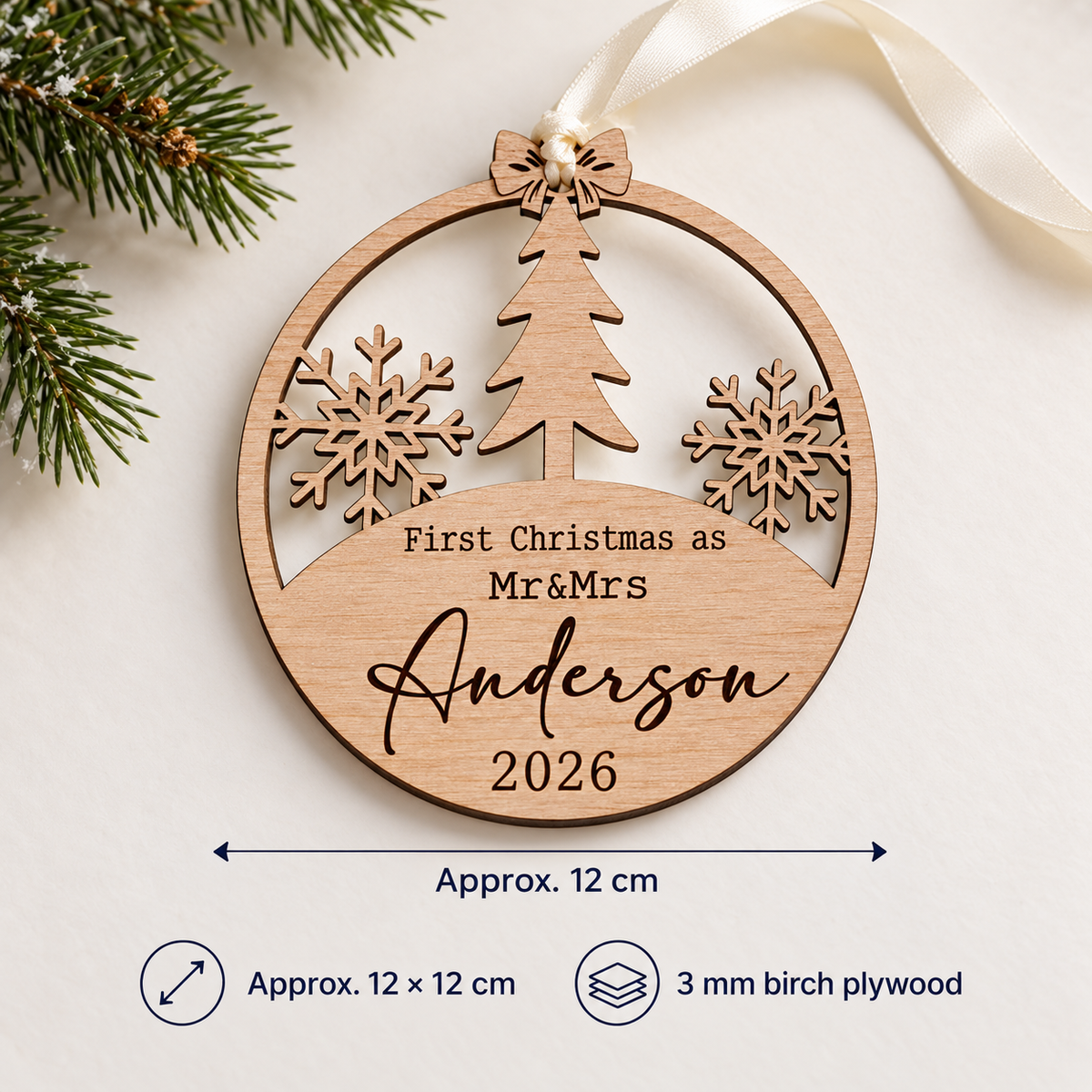 First Christmas married wooden bauble measuring approximately 12 by 12 cm, made from 3 mm birch plywood