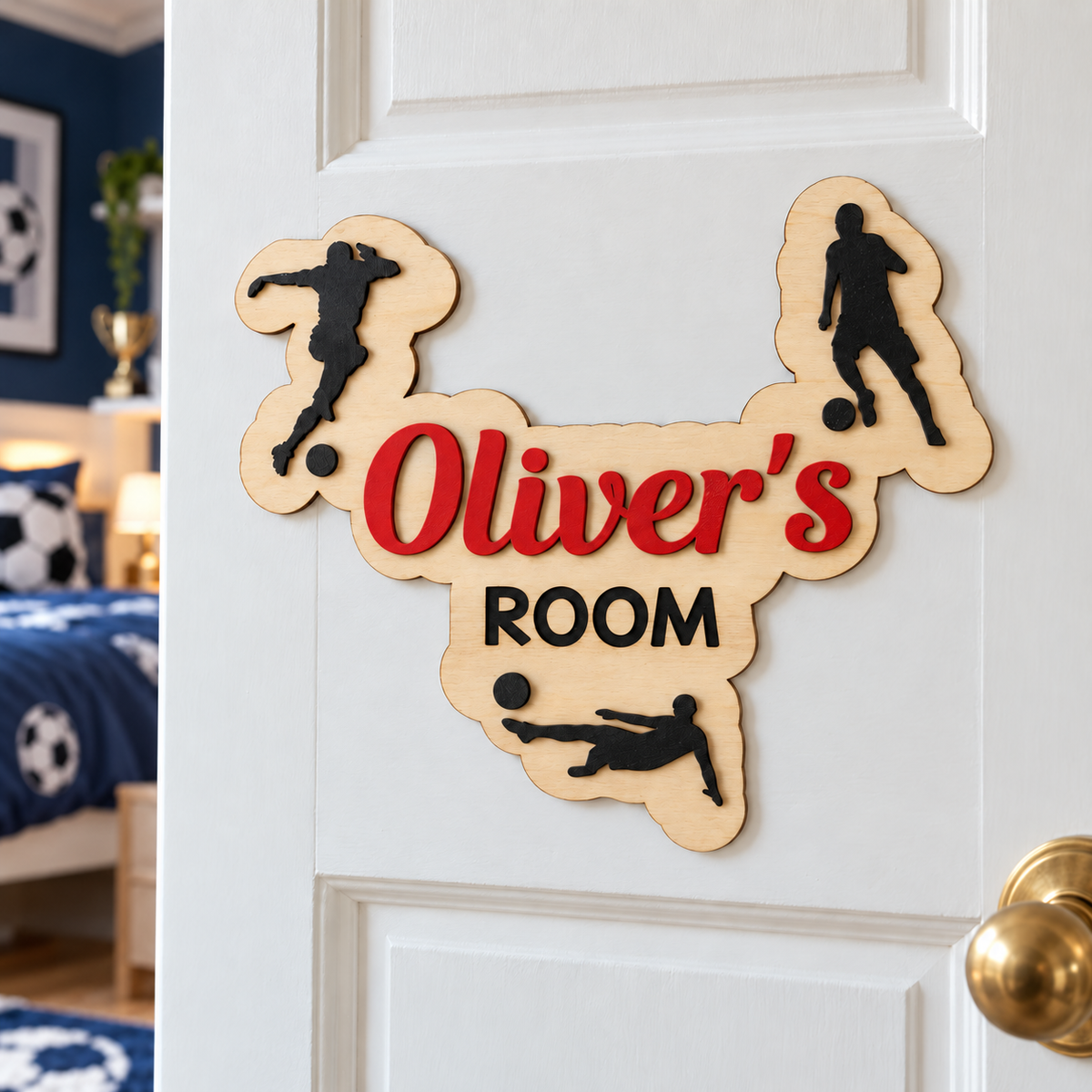 Red Oliver’s ROOM personalised wooden football door sign on a bedroom door.