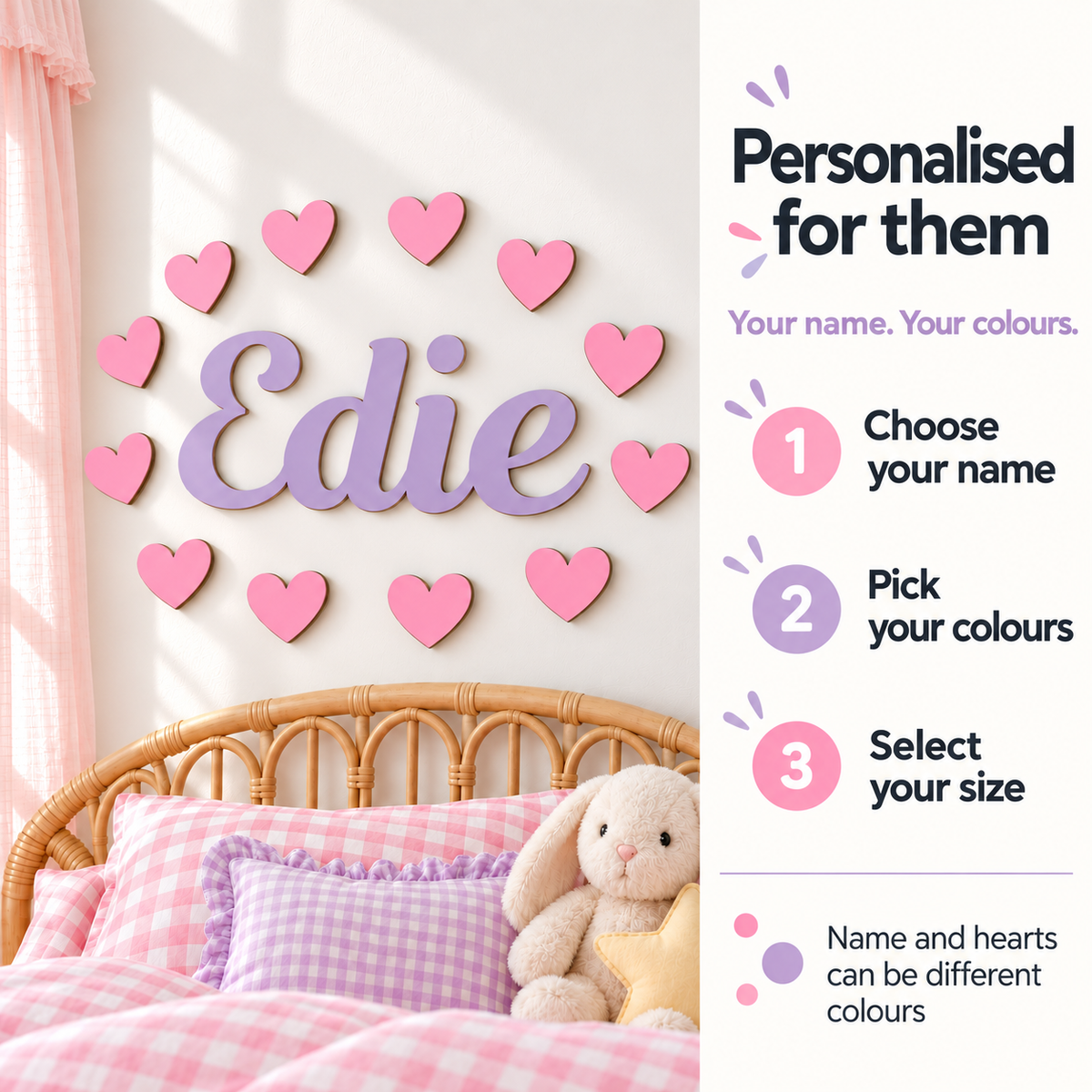 How to personalise your wooden name sign with hearts: choose your name, colours and size