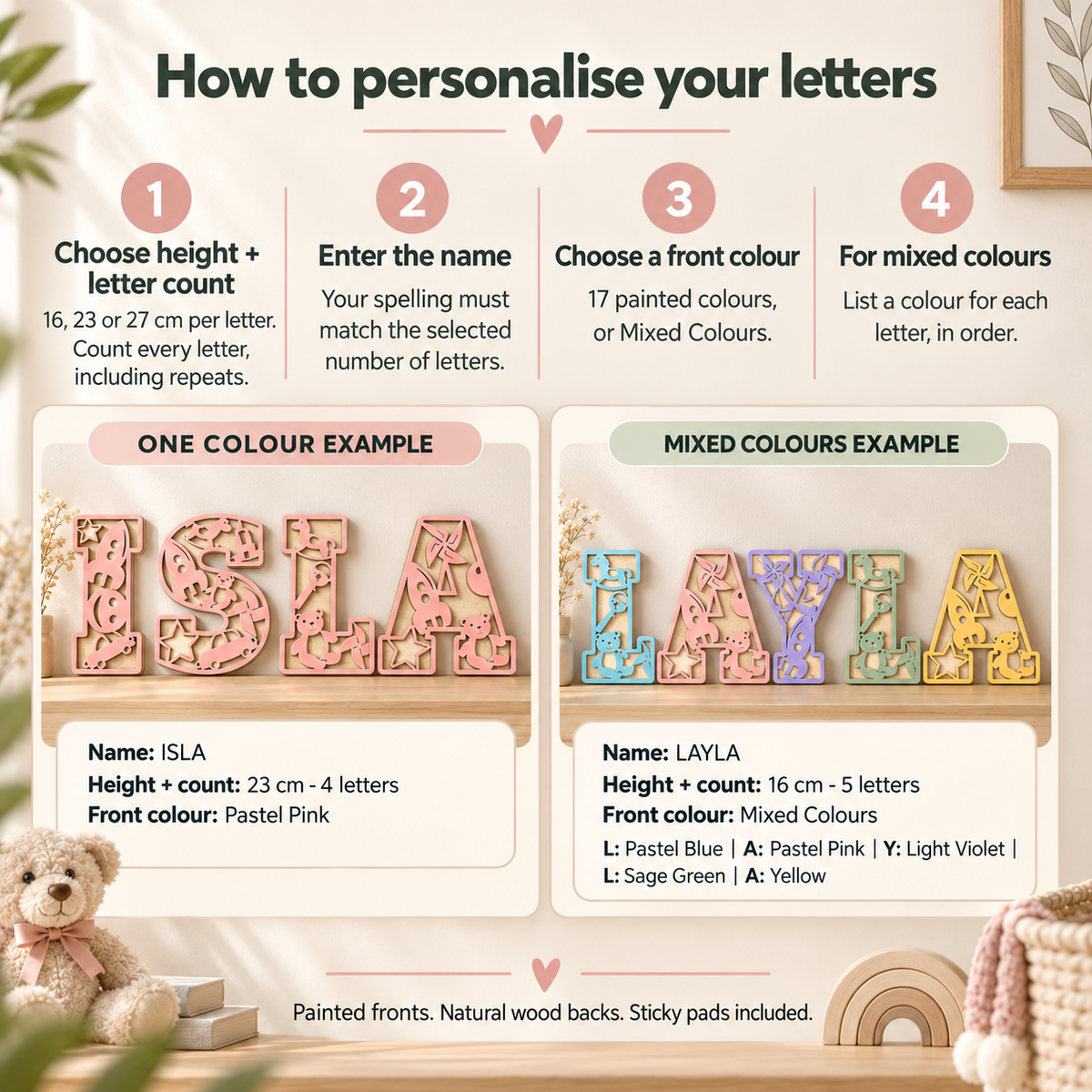 Four-step personalisation guide with one-colour ISLA and mixed-colour LAYLA examples, letter heights, letter counts and front colours