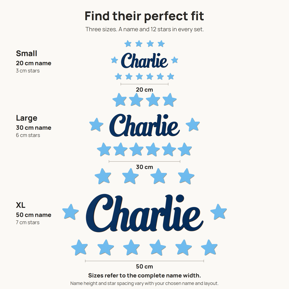 Complete name and 12-star sets compared at one scale: Small 20 cm name and 3 cm stars, Large 30 cm and 6 cm stars, XL 50 cm and 7 cm stars.