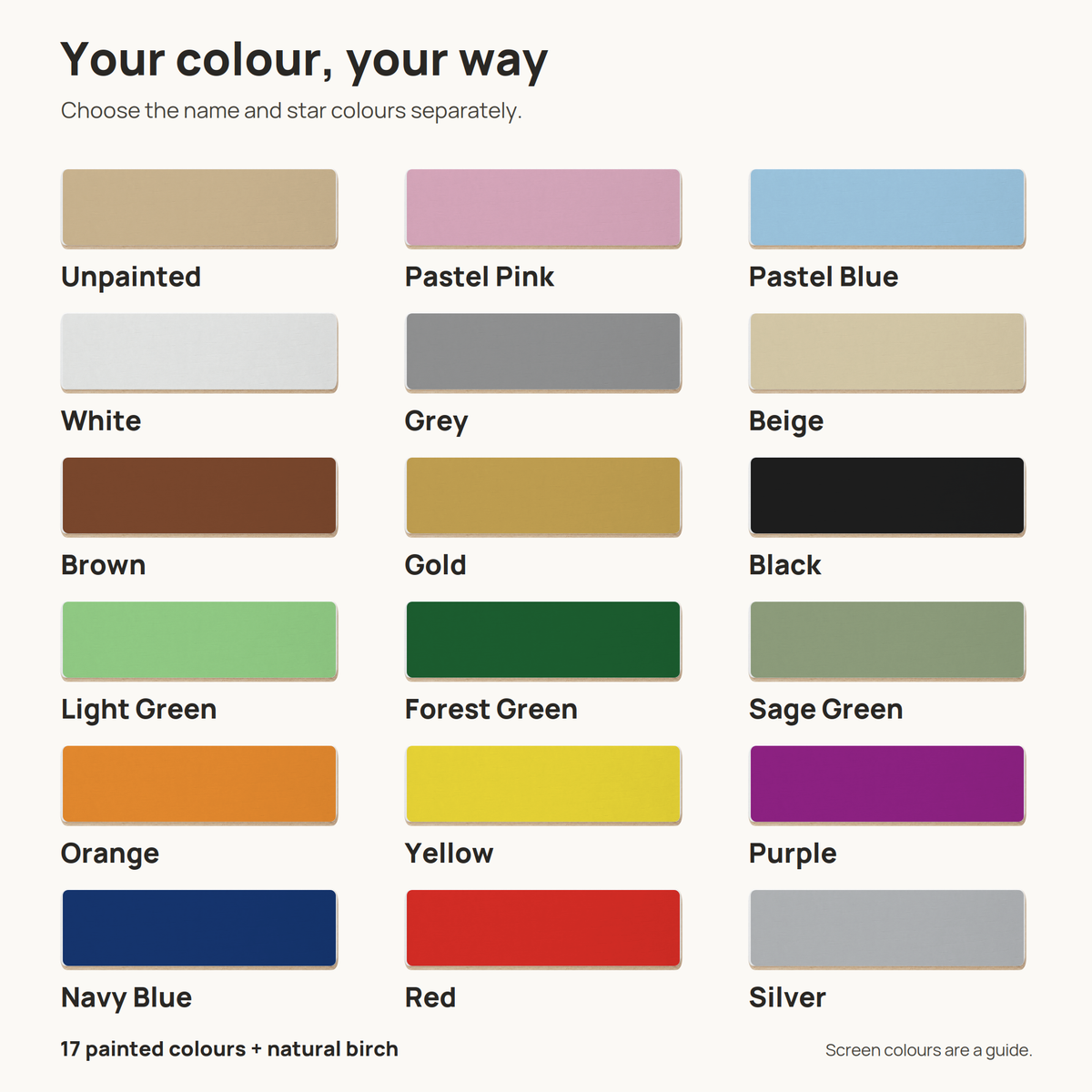Eighteen labelled wooden colour samples, including natural birch and seventeen painted colours, for choosing name and star colours separately.