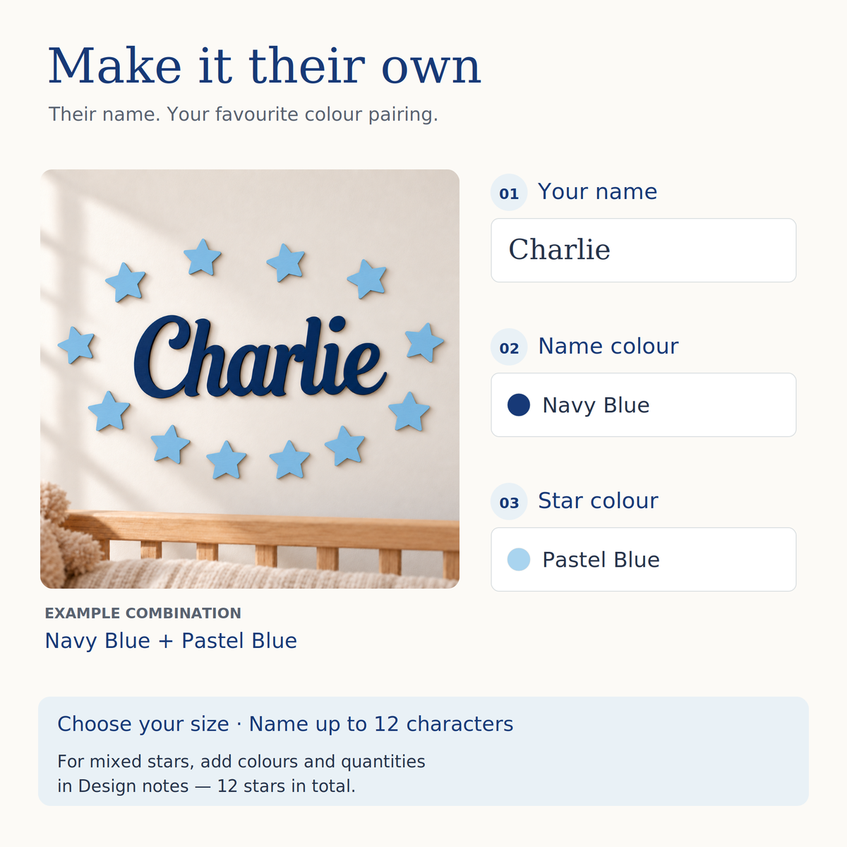 Personalisation guide showing Charlie, Navy Blue name colour and Pastel Blue star colour, with a 12 character name limit