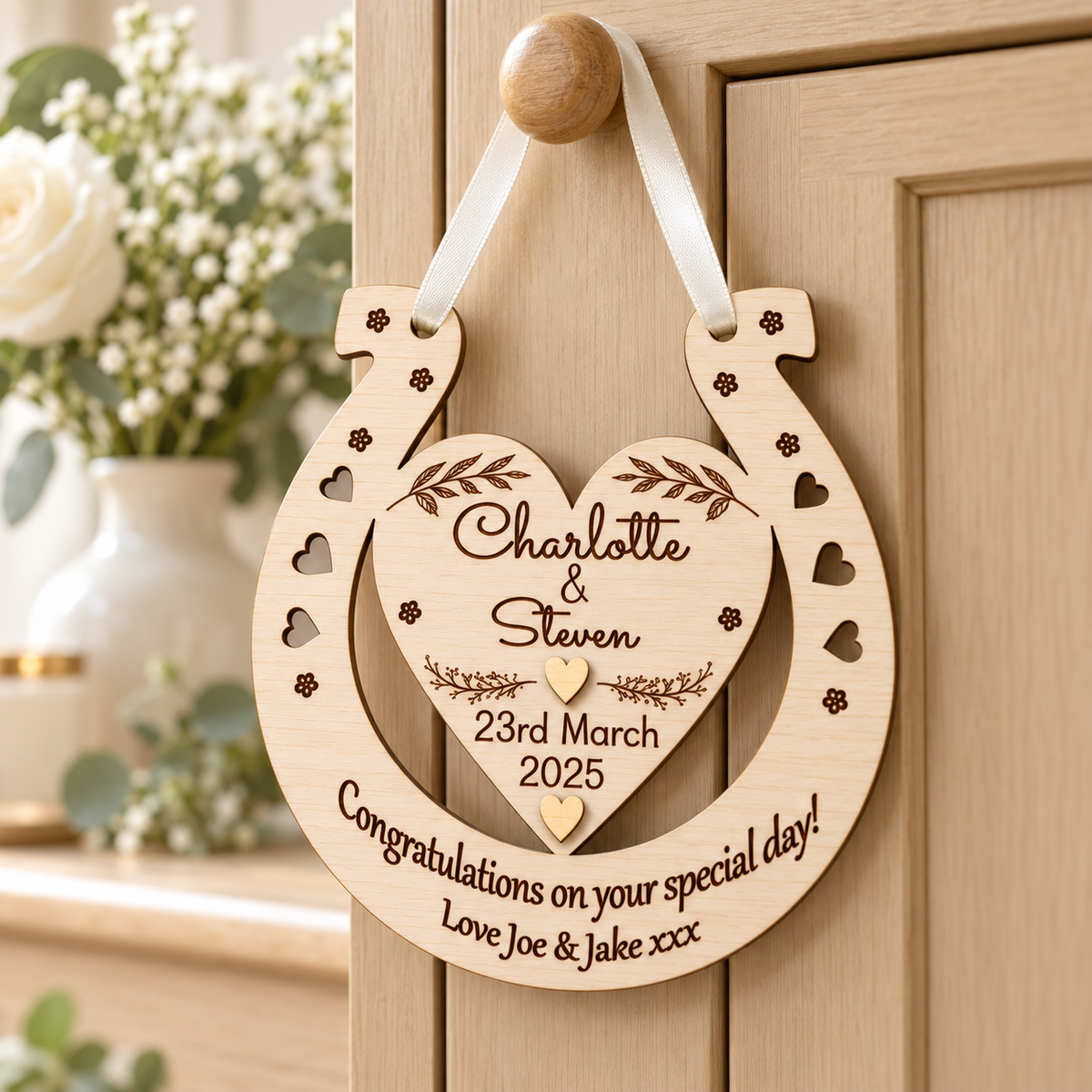 Personalised wooden wedding keepsake hanging by its ivory ribbon from a light oak cabinet knob