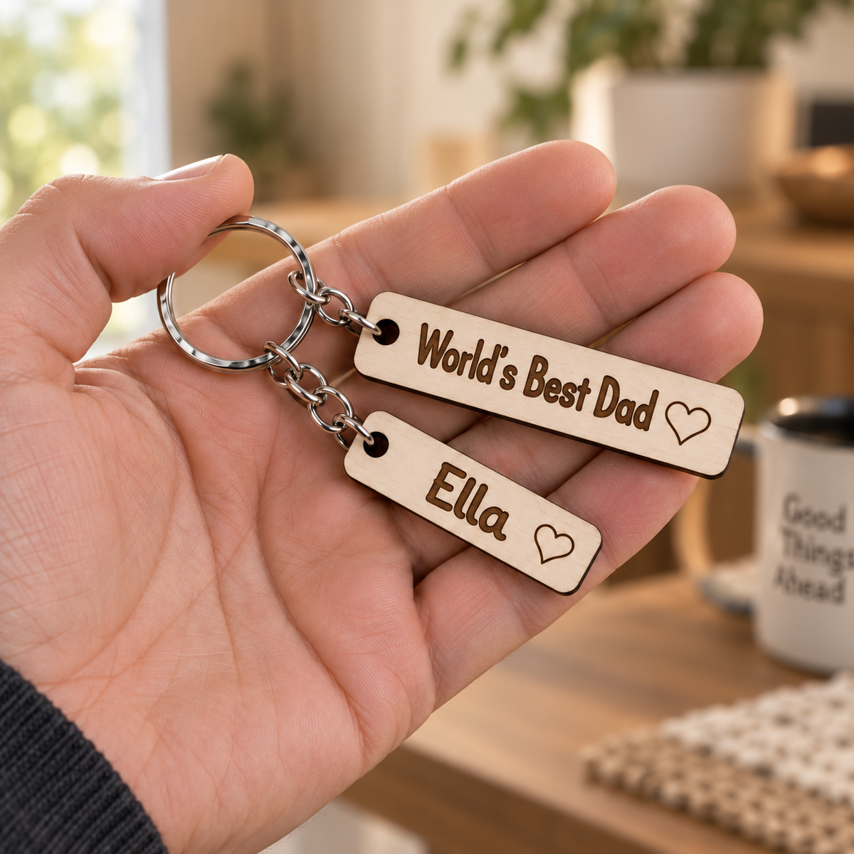 World's Best Dad wooden keyring with an Ella name charm shown in an adult hand.