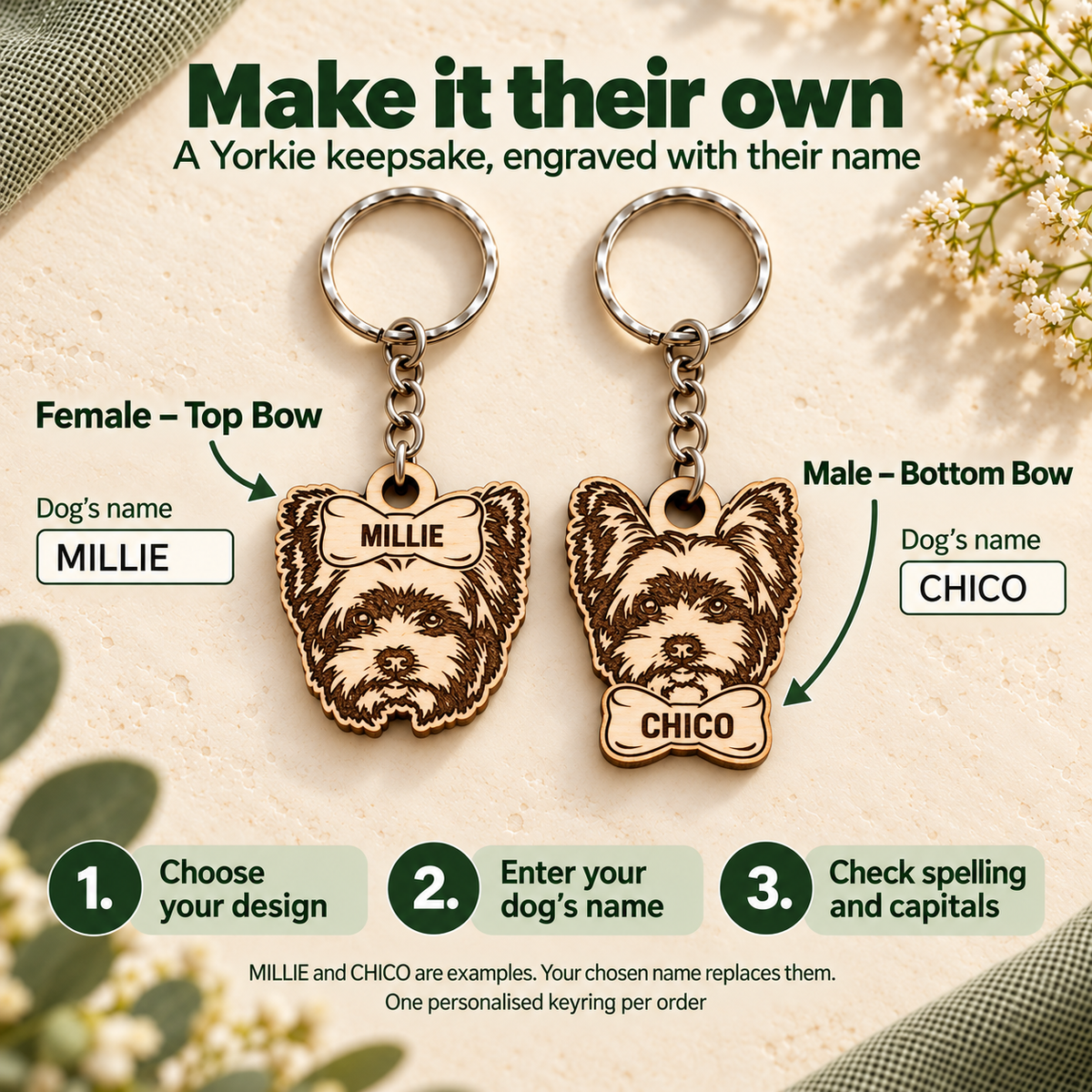 Yorkie keyring personalisation guide showing top and bottom bow, MILLIE and CHICO example names and ordering steps