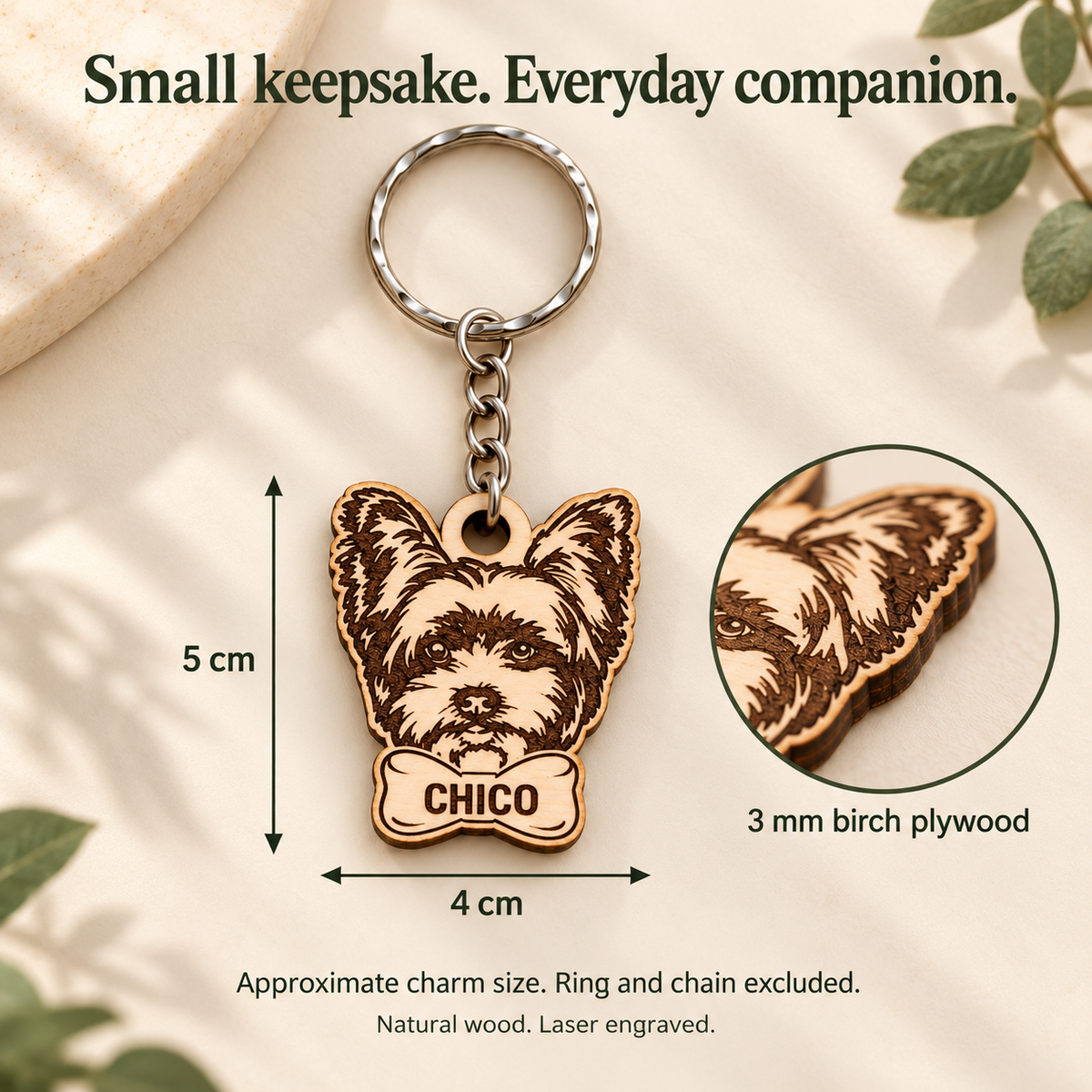 Yorkie wooden keyring size guide showing approximately 5 cm high by 4 cm wide and 3 mm birch plywood, hardware excluded