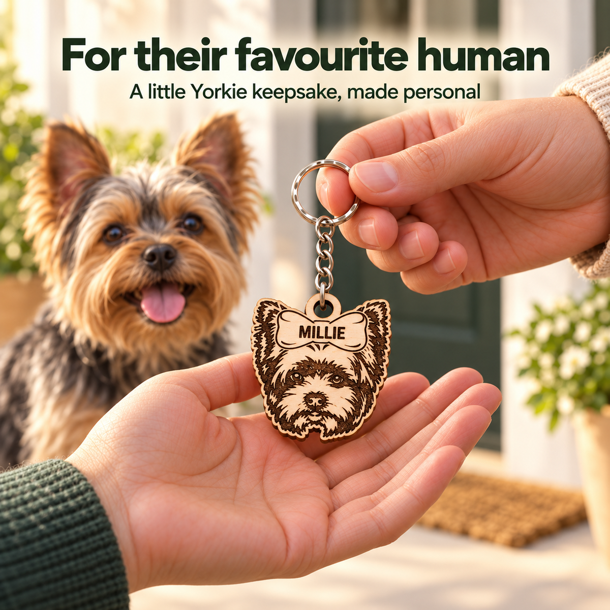 Hands presenting a MILLIE wooden Yorkie keyring as a personalised gift with a Yorkshire Terrier in the background