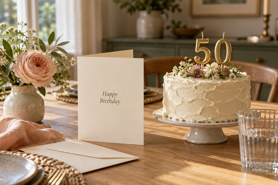 An ivory birthday card beside a small cake with gold 50 candles on a softly lit celebration table