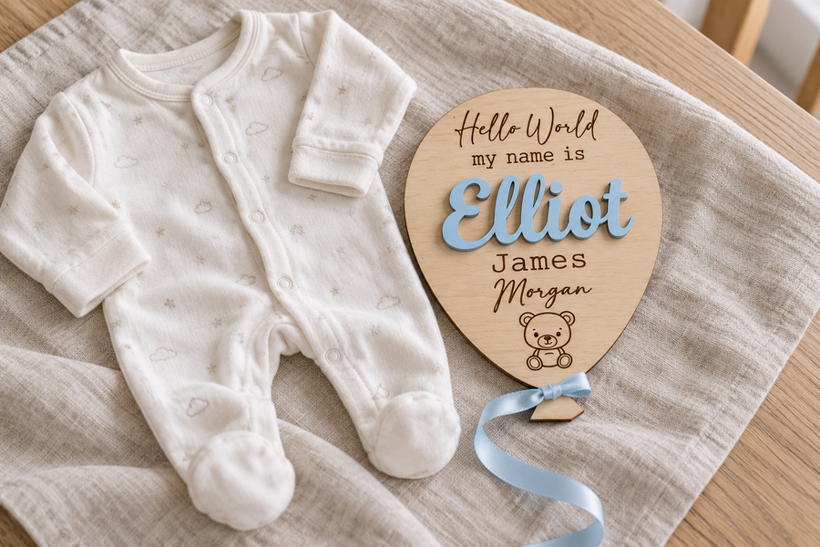 Baby announcement styling example: a wooden balloon with Elliot in raised Pastel Blue lettering beside an ivory newborn sleepsuit.