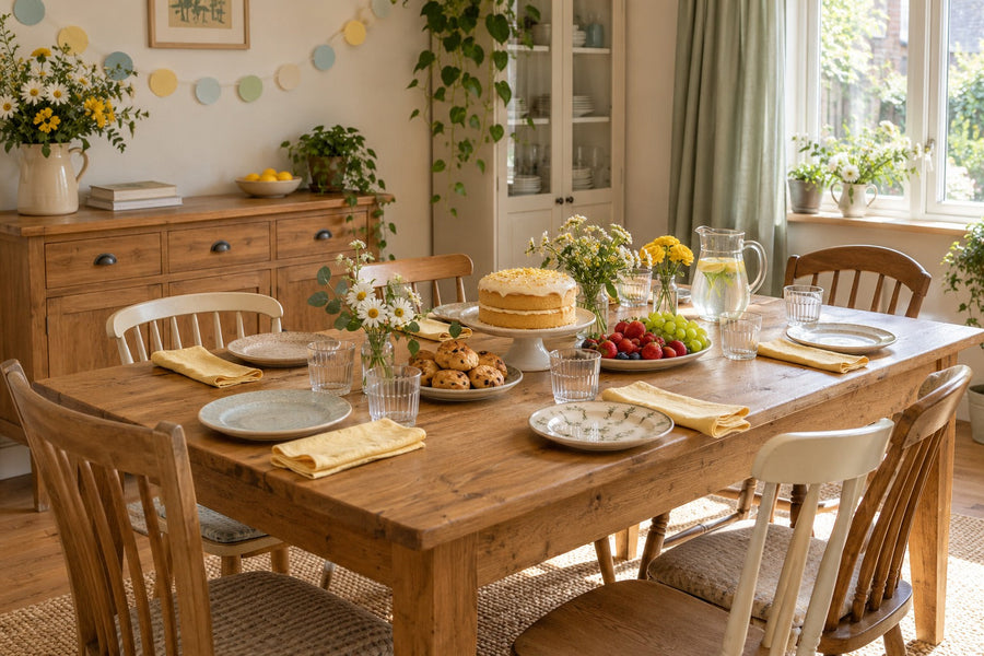 A baby shower table at home with pale yellow napkins, flowers, cake and simple place settings