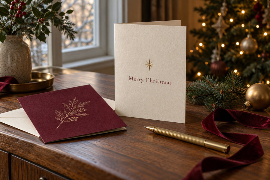 Ivory and burgundy Christmas cards beside a gold pen, velvet ribbon and a softly glowing Christmas tree