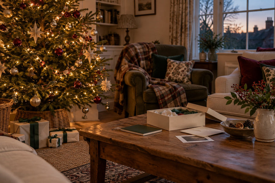 Christmas tree with treasured baubles, warm lights and a keepsake box in a cosy family sitting room