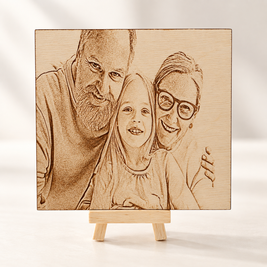 Family photograph laser engraved into a square wooden plaque, displayed on a mini wooden easel