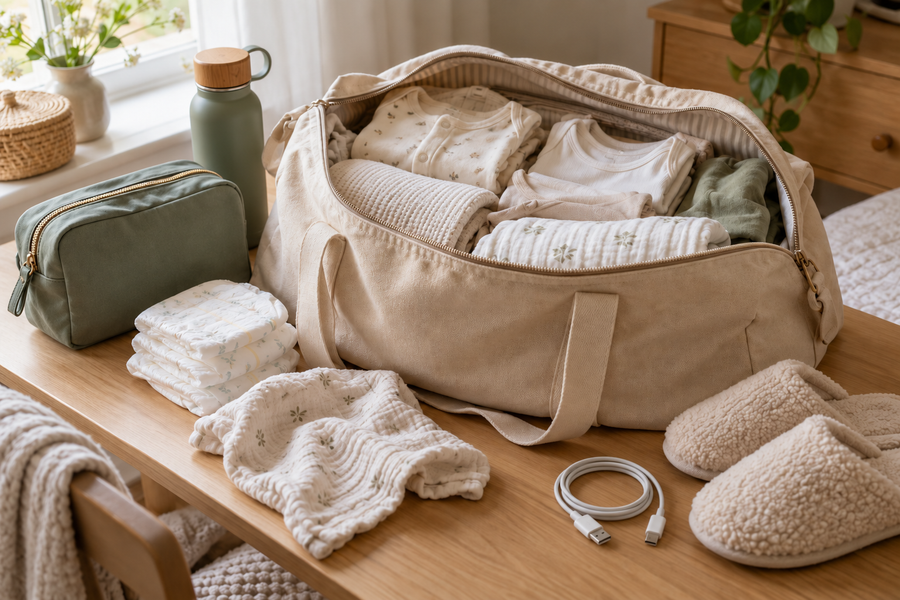 Illustration of a hospital bag with folded baby clothes, nappies, muslin cloths, toiletries and a phone charging cable ready for packing