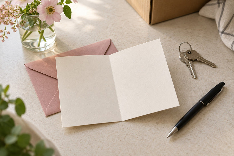 An open cream greeting card, pink envelope, house keys and a pen on a light kitchen worktop