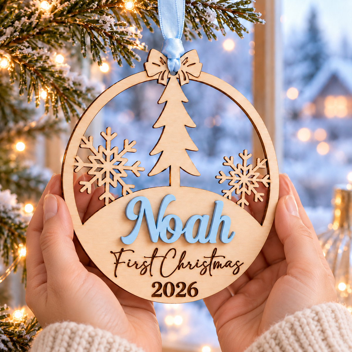 Personalised first Christmas wooden bauble with Noah in raised pastel blue lettering and engraved 2026, held in adult hands